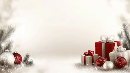 Christmas background with snowflakes, red and white ornaments, pine branches, gifts, bokeh lights, snowdrops, and ice crystals on the ground. Winter holiday concept for a design banner or postcard. --chaos 30 --ar 16:9 --v 6.1 Job ID: 258f57b8-3610-4bb6-9bc4-95a286885d63の素材
