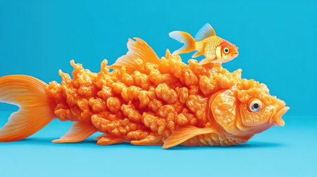A school of fish swimming in the water, forming an orange-colored shape that resembles chicken legs, with one small goldfish floating alone on top of it. The background is blue and white. There are no text or other elements present. This scene captures the beauty of nature through vivid colors and detailed textures. It has been created using vector graphics software such as Adobe Illustrator. --chaos 30 --ar 16:9 --v 6.1 Job ID: 0c594205-60ab-4ec2-ab2d-4eaca22cbd30の素材