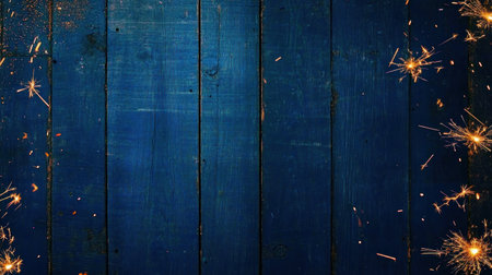 A blue wooden background with sparklers in the corners, creating an elegant and festive atmosphere for New Year's Eve celebrations. The sparks add glitter to create a sparkling effect on the wood surface. A large area of dark space is left at one end for text or design elements. This banner format can be used as a backdrop for holiday banners, cards, decorations, advertising materials, or social media posts celebrating new beginnings. --chaos 30 --ar 16:9 --v 6.1 Job ID: 01f56cbb-41ee-4396-bd56-35da0a79d570の素材