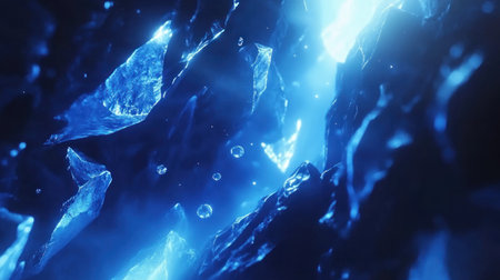 A deep blue ocean background with sunlight filtering through the water, creating an underwater scene. The focus is on light rays and bubbles rising from below. --chaos 30 --ar 16:9 --v 6.1 Job ID: 1dc945ef-8f78-4783-b9cc-683dee2bb11dの素材