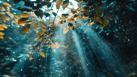 A rainy day with an umbrella, raindrops falling down, a blurry background of greenery, water droplets on the surface of an open black umbrella, light rays shining through, a blurred background of trees and foliage, a close-up shot, high-resolution photography, professional color grading, soft shadows, low contrast, clean, sharp focus, a bokeh background, and highly detailed. --chaos 30 --ar 16:9 --v 6.1 Job ID: 14ebc929-b8b6-4428-bc50-252d5a3bc560の素材