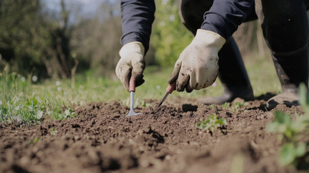 A gardener planting flowers in the soil with garden tools on a blurred green spring background, a panoramic photo of hands wearing gardening gloves and using a trowel while working at home or outdoors. A green eco concept for poster design or web banner, close-up shooting, 4K, ultra-realism, high detail, in the style of Kodak Ektar, stock photography. --chaos 30 --ar 16:9 --v 6.1 Job ID: cc0a918d-b7a6-49ce-a535-8a71283bc577の素材