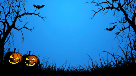 A blue banner with silhouettes of black trees and two pumpkins on the left side, vector illustration, Halloween background, in the style of Houdini, simple, vector art, high resolution, high-quality photography, dark cyan. --chaos 30 --ar 16:9 --v 6.1 Job ID: e16d49eb-9b41-4a1f-97c4-2266e271cbfdの素材
