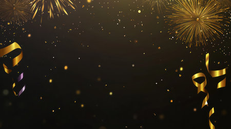 Colorful, golden glitter background with fireworks and confetti for celebration, New Year's Eve party banner or poster design. Copy space, high quality. --chaos 30 --ar 16:9 --v 6.1 Job ID: b1d5ffa1-1d04-40b6-9c4a-84e96e14d9bdの素材