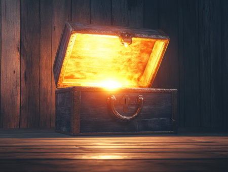 An open treasure chest with glowing light from the inside, on a wooden floor background, high-resolution photography, professional color grading, soft shadows, low contrast, and clean, sharp focus digital photography. --ar 4:3 --v 6.1 Job ID: 53b3efb3-3ccc-4e4e-ac4f-70f498b7231bの素材