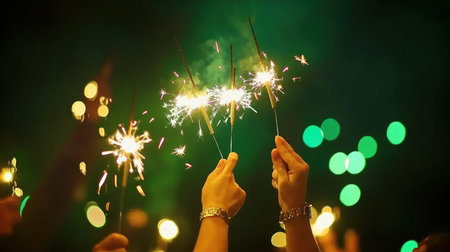 A photograph of several people holding sparklers in their hands, celebrating the New Year against a dark green bokeh background. --chaos 30 --ar 16:9 --v 6.1 Job ID: 2cb186b0-2b64-4ee5-96f9-6f48fe7b0e57の素材