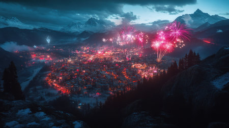 A panoramic view of colorful fireworks lighting up the night sky over mountains, creating an enchanting and festive atmosphere for a New Year's celebration. The distant silhouette of mountain peaks adds depth to the scene. --chaos 30 --ar 16:9 --v 6.1 Job ID: 0f58a7cb-e13f-4a73-8f7a-88e861ffc512の素材