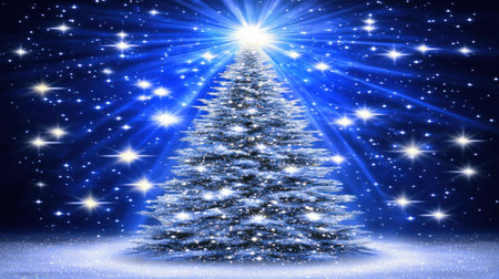 A blue background with golden, glittering light and stars creates an atmosphere of magic and celebration. A starry Christmas tree stands tall in the center of the frame, radiating its own glow against the backdrop of twinkling lights. The design is simple yet elegant, perfect for festive cards or holiday posters. This high-resolution image captures the essence of joyous celebrations and a warm, festive touch. It makes it easy to add text or enhance colors using Adobe Photoshop. --chaos 30 --ar 16:9 --v 6.1 Job ID: c1ec8707-085d-48a8-b560-24d4f1d7464dの素材