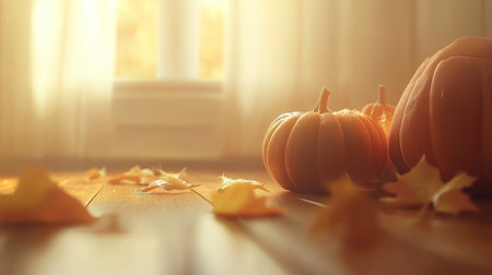 Autumn background with pumpkins on a wooden table and copy space for product display presentation banner, panoramic view, sunlight light effect, warm color tone, orange and yellow, autumn concept. --chaos 30 --ar 16:9 --v 6.1 Job ID: 2d4d40fc-e21d-4af7-8539-04ecc240bc5aの素材