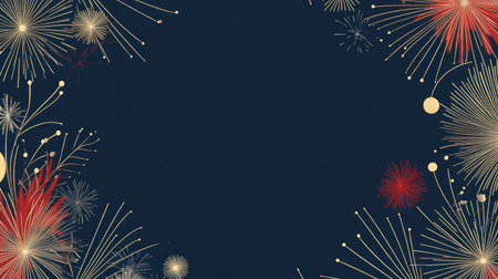 A dark blue background with fireworks, with large areas of blank space in the center and small fireworks on both sides. The colors are bright red, white, gold, and silver, creating a festive atmosphere for New Year's Eve. It has an elegant touch and highlights the details, creating a sense of celebration. A panoramic view. --chaos 30 --ar 16:9 --v 6.1 Job ID: a0f9e397-0f97-4365-9a23-0e2e1fe0ffd2の素材