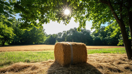 A golden bale of hay stands under the shade of a tree in the summer, against the backdrop of fields and forests on a sunny day. The sun shines brightly through the leaves, creating beautiful lighting effects. A panoramic view captures the beauty of nature with a wide field of vision. The high-resolution photography style and natural lighting add realism to the scene. This image is perfect for advertising, commercial use, or as a background image. --chaos 30 --ar 16:9 --v 6.1 Job ID: eac5276b-8c3b-48f9-bdc4-7c1c5b409e99の素材