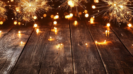 A wooden background with golden fireworks on the left and right sides, creating an atmosphere of celebration for New Year's Eve. The wood texture adds warmth to the scene while the sparkling lights create bokeh effects in various sizes against the dark brown backdrop. This composition creates a festive ambiance suitable as a banner or panorama for holiday events or party spaces. --chaos 30 --ar 16:9 --v 6.1 Job ID: cdad2541-b24c-41b3-b8d1-516abd489ff2の素材