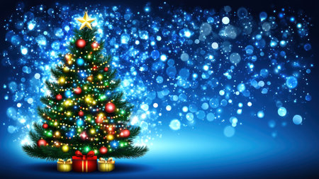 Christmas tree with decorations on a dark blue background with bokeh lights, banner-style. --chaos 30 --ar 16:9 --v 6.1 Job ID: 03bc9316-d0ac-494c-8c61-29dfd5ea6f6aの素材