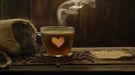 A steaming cup of coffee on an old wooden table, surrounded by scattered brown coffee beans and a burlap sack with the shape of a heart made from smoke rising above it. The background is dark wood paneling, creating a cozy atmosphere. --chaos 30 --ar 16:9 --v 6.1 Job ID: 92b04aef-c066-4ec4-8d4c-fdaf85c15c8fの素材
