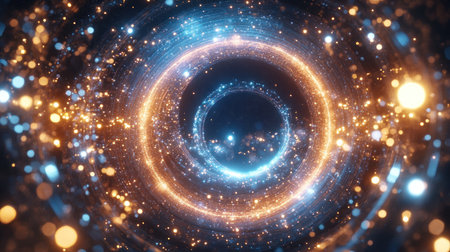 A dark background with numerous stars, the center of which is an illuminated circle, with light particles in blue and purple hues. The circular shape forms a ring around it. There should be no other elements on top or bottom of the picture except for the starry sky. This scene resembles space and the cosmos. In the style of a cosmic theme, it creates depth through volumetric lighting and highlights. It's a high-quality, high-resolution photograph with an overall composition that evokes mystery and beauty. --chaos 30 --ar 16:9 --v 6.1 Job ID: 8e25b540-2801-4329-aee1-398a1f93a01eの素材