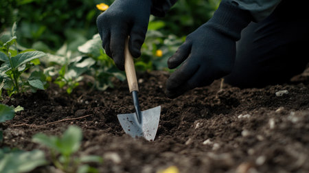 A gardener planting flowers in the soil with garden tools on a blurred green spring background, a panoramic photo of hands wearing gardening gloves and using a trowel while working at home or outdoors. A green eco concept for poster design or web banner, close-up shooting, 4K, ultra-realism, high detail, in the style of Kodak Ektar, stock photography. --chaos 30 --ar 16:9 --v 6.1 Job ID: cc0a918d-b7a6-49ce-a535-8a71283bc577の素材