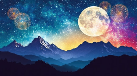 A panoramic view of colorful fireworks lighting up the night sky over mountains, creating an enchanting and festive atmosphere for a New Year's celebration. The distant silhouette of mountain peaks adds depth to the scene. --chaos 30 --ar 16:9 --v 6.1 Job ID: 0f58a7cb-e13f-4a73-8f7a-88e861ffc512の素材