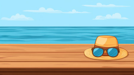 Beach background with summer holiday concept, vacation, and travel on the beach. Beach accessories such as sunglasses, flip-flops, and a straw hat in a bag lying on a wooden table against a blue sea landscape background. A banner with copy space for text. --chaos 30 --ar 16:9 --v 6.1 Job ID: 28595c1a-39dc-4bed-9459-2d31f7f4e828の素材