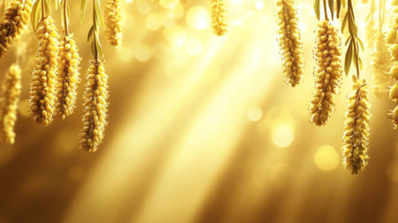 A beautiful Easter banner featuring willow catkins and yellow flowers, with a light background, a blurred city in the distance, and rays of sunlight. There is copy space on one side, and the image is a high-resolution photograph in the style of [Artist name]. --chaos 30 --ar 16:9 --v 6.1 Job ID: 940043ac-0312-4ea7-8d2e-11742d3f01b6の素材