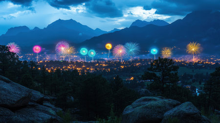 A panoramic view of colorful fireworks lighting up the night sky over mountains, creating an enchanting and vibrant display for a New Year's celebration. The distant silhouette of hills adds depth to the scene. High-resolution photography, detailed background, professional color grading, soft shadows, low contrast, clean, sharp focus, and cinematic photography. --chaos 30 --ar 16:9 --v 6.1 Job ID: 05dd4bf3-bf09-4a8f-891d-93f9961a682fの素材