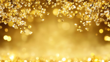 A golden background with hanging hazel blossoms, blurred in the foreground and blurred on both sides. The focus is centered on two branches hanging from top to bottom. There should be some bokeh lights at various points along the horizontal line that outlines the entire frame. This design will create an atmosphere of springtime, warmth, sunlight, or happiness. It can also symbolize new beginnings, growth, beauty, nature's cycle, etc., and be suitable for banner use. --chaos 30 --ar 16:9 --v 6.1 Job ID: fc2cfefc-418e-4118-bf22-3be7317dacdaの素材