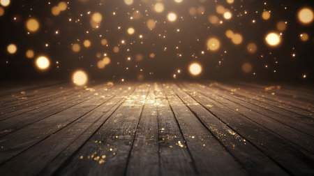 A wooden background with golden fireworks on the left and right sides, creating an overall festive atmosphere. The background is dark brown in color, with blurred lights in various sizes that create bokeh effects around it. There's no text or other elements present. It has an empty center area for copy space, an ultra-realistic photograph captured in high resolution. --chaos 30 --ar 16:9 --v 6.1 Job ID: 9ce33fb2-ee39-4461-b486-b07111e86382の素材