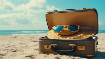 Beautiful summer background with an open suitcase full of beach accessories on the sand, in the style of the sea. This serves as a banner for the vacation and travel concept. Panoramic banner. --chaos 30 --ar 16:9 --v 6.1 Job ID: 3702cc0b-0bbf-433e-bc6a-ff967b30fe4fの素材
