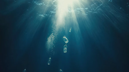 A blue ocean with plastic bottles and glasses floating in it, representing the impact of pollution on marine life. The light from above illuminates some parts of an underwater scene. In the background, there is another small part showing fish swimming around. --chaos 30 --ar 16:9 --v 6.1 Job ID: a01415cd-8bff-43a7-bff9-2266f43182b1の素材