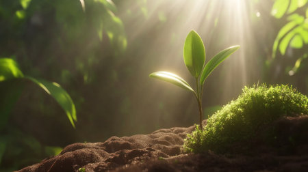 A young plant sprouting from the soil, with sunlight shining on it. The background is blurred and green, creating an atmosphere of growth and vitality. This scene symbolizes new beginnings in nature, in the style of stock photography, natural light, high resolution, high quality, high detail, 3D rendering, bright sunny day, white balance, global illumination. --chaos 30 --ar 16:9 --v 6.1 Job ID: 2f1c2610-cca1-4b13-8c05-fff7f3244f55の素材