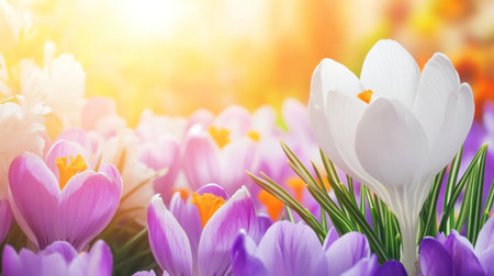 A white crocus flower in the foreground, surrounded by purple flowers of various sizes and shapes. The background is blurred grass with sunlight filtering through it. Captured using a Canon EOS camera with a wide-angle lens, natural light, focus on detail and color palette. Wide banner format for a website header. --chaos 30 --ar 16:9 --v 6.1 Job ID: af749d32-407d-49bc-8849-6e749e6a4c41の素材