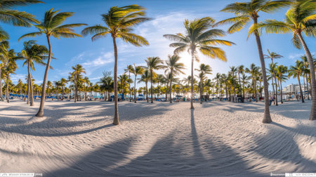 Beautiful tropical beach with palm trees and white sand on the background of a blue sky and sun rays, a banner for a summer vacation concept. In the style of Monica Lepore, bright and airy, with a colorful background, ultra-wide angle lens, hyper-realistic photography, sunlight reflections, and high-resolution photography. --chaos 30 --ar 16:9 --v 6.1 Job ID: 89096f9a-b33d-4206-8fef-67a8f57a67d5の素材