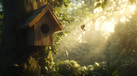 A wooden birdhouse hanging on the side of an old tree in a woodland setting, with a natural background and sunlight filtering through the trees. The image is a close-up shot focusing solely on one bird. --chaos 30 --ar 16:9 --v 6.1 Job ID: 6918a384-400d-4666-a81d-6a3e165f3770の素材