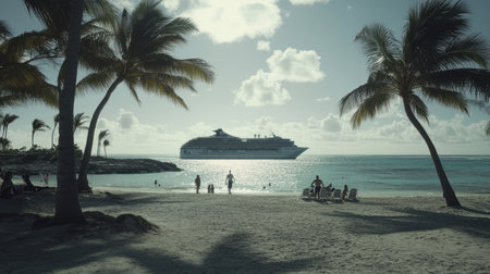 A cruise ship is docked at the tropical beach, with palm trees and clear blue water in front of it. The bright sunshine illuminates its white hull as people disembark to explore the island's beaches or enjoy their vacation. High-resolution photography, detailed background, professional color grading, soft shadows, low contrast, clean sharp focus, magazine-style photo. --chaos 30 --ar 16:9 --v 6.1 Job ID: 1a0314a9-ea41-44ff-9009-6358d5263232の素材