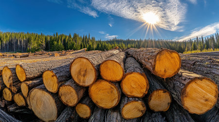 A large pile of cut wood with a blue sky and sun in the background. The top log is made up of yellow-brown pine timber, each piece smooth from weathering and with rough edges. There is some green forest behind it. Panoramic view. --chaos 30 --ar 16:9 --v 6.1 Job ID: a370714d-5a31-4aca-9e24-2e5a3b20c3f2の素材