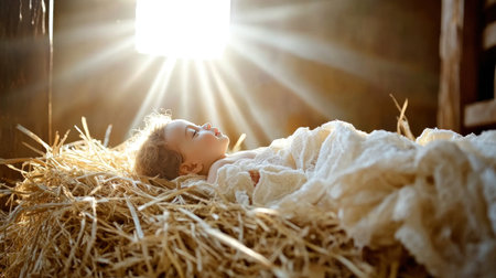 A baby Jesus lying in the manger, with rays of light shining down on him. The background is a straw bed and an old wooden crib. --chaos 30 --ar 16:9 --v 6.1 Job ID: 26c49cf2-ebbd-48ff-b281-7faafa953811の素材