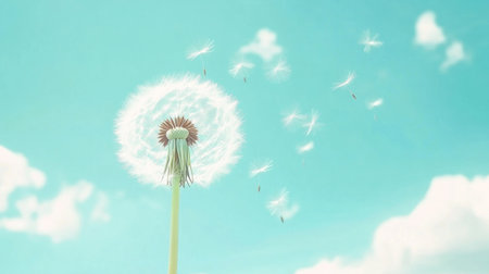 A dandelion blowing in the wind with its seeds flying away against a blue sky background, symbolizing freedom and hope. --chaos 30 --ar 16:9 --v 6.1 Job ID: 90155dd9-3780-49ef-b358-798f1a61759eの素材