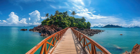 A wooden bridge leads to an island with palm trees in the turquoise sea, a panoramic view of the blue sky and white clouds, with sunlight shining on it, creating bright colors and a vibrant mood. The photography style features a wide-angle lens, a symmetrical composition, and a perspective effect, capturing the tropical beach scenery. --ar 77:30 --v 6.1 Job ID: e6050ae0-1142-4abd-a5a1-ed735887c2b4の素材