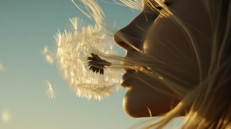Dandelion seeds blowing in the wind on a blue sky background with copy space, a symbol of freedom and hope. Dandelion is an icon, often used for air fresheners or insecticide sprays, and the seeds can disappear into the air. --chaos 30 --ar 16:9 --v 6.1 Job ID: d9309139-d0a5-4dd8-851b-f11e7ba44d11の素材