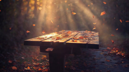 A wooden table set against an autumn backdrop of colorful leaves and sunbeams. --chaos 30 --ar 16:9 --v 6.1 Job ID: 7528119e-143b-4a5a-a094-b2aa1e35a9a7の素材