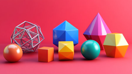 Colorful geometric shapes and cubes on a pink background. Vector illustration of three-dimensional colorful objects in different colors on a magenta background. Minimalistic concept, 3D rendering illustration. --chaos 30 --ar 16:9 --v 6.1 Job ID: bf71601e-bb01-4d63-901c-7d2f2e996723の素材