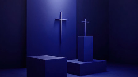 Blue background with minimalistic geometric shapes of a cross and a cube, 3D rendering illustration, simple, minimalism, flat design, blue color, high resolution. --chaos 30 --ar 16:9 --v 6.1 Job ID: f778e66d-8ae9-4be9-af76-46d8c3359e18の素材