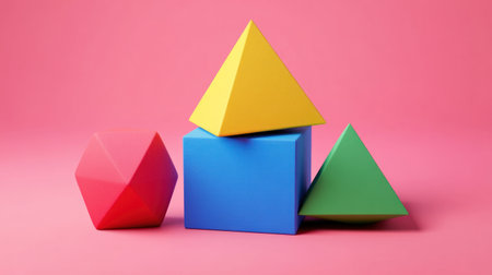 Colorful geometric shapes and symbols on a pink background, a simple design, 3D rendered illustration, in the style of 80s aesthetics. --chaos 30 --ar 16:9 --v 6.1 Job ID: 7ef920ae-9510-4661-b4fc-78b5bcae20e1の素材