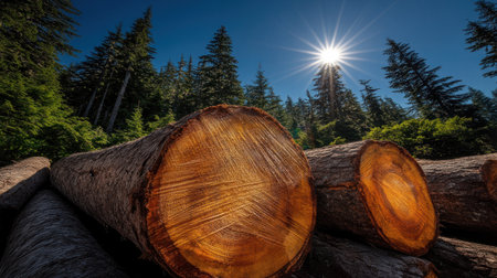 A large pile of pine logs with a blue sky and sun in the background. The top log is stacked high, with smaller ones beneath it. There's an area where you can see tree trunks. --chaos 30 --ar 16:9 --v 6.1 Job ID: 8bf23625-97d9-4923-a97b-e08f4f8066acの素材