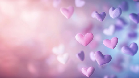 A pastel pink and lavender gradient background with small heart-shaped bokeh lights, perfect for Valentine's Day themes or romantic designs. The blurred hearts add an enchanting touch to the composition, creating a dreamy atmosphere that complements its use as a banner or panorama. This image is designed in high resolution for various applications, making it ideal for digital art, web design, graphic design, social media posts, packaging, prints, and more. --chaos 30 --ar 16:9 --v 6.1 Job ID: d090932f-b96f-43c8-a7c7-35278d2c4258の素材