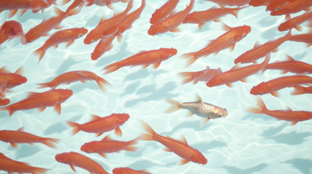 A school of fish swimming in the water, a large number of goldfish forming an orange silhouette shape, with one small golden carp floating alone on top of it. The background is a blue and white gradient water surface, with clear details. High-definition photography style, bright colors, clear composition, wide-angle lens perspective, soft lighting, fish movement, lively atmosphere. --chaos 30 --ar 16:9 --v 6.1 Job ID: dca79f18-1f77-4a92-ba5c-e07d14ff0ea4の素材