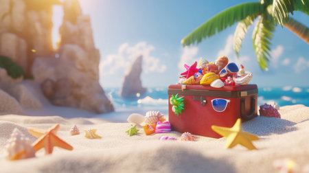 A suitcase filled with beach accessories and summer on the sand of an exotic island, against a blue sky background. The scene is illuminated by bright sunlight, creating a cheerful atmosphere for vacation planning. Photorealistic 3D rendering presenting travel suitcases full of colorful holiday elements such as sunglasses, flip-flops, sun hats, starfish, seashells, and palm leaves on a sunny day at a tropical beach, in the style of a panoramic banner. --chaos 30 --ar 16:9 --v 6.1 Job ID: 5391308a-0727-4198-b5b9-3dcc2e6b5810の素材