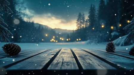 A snowy winter background with wooden planks, pine cones, and snowflakes, with glowing lights in the distance, creating an enchanting atmosphere for Christmas or New Year's festive greeting cards or banner designs. --chaos 30 --ar 16:9 --v 6.1 Job ID: db7d5958-1e54-4147-acb5-5fb2d482fb13の素材