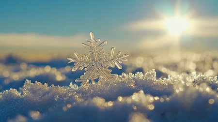 A beautiful winter background with snowflakes and frost on the ground, with copy space for text or design. The blue sky is blurred in the background. There's a lot of white snow covering everything, and there are large crystal-like ice crystals on top of it. In front of all that snow stands an icy, silver, star-shaped snowflake, which shines brightly against the bright light. This is a high-quality photo with a lot of detail. It feels very magical and serene, in the style of ultra-realistic photography. --chaos 30 --ar 16:9 --v 6.1 Job ID: 1d6566de-e663-4f7c-8908-ed5559fb7dd4の素材