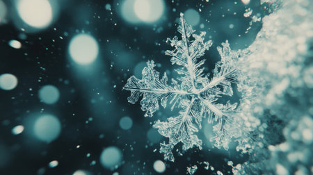 A winter background with a large snowflake and small frosty crystals on the bottom, creating an atmosphere of snowy coldness. The overall color scheme is blue and white, with bokeh lights in various sizes to add depth and texture. This design would be suitable for festive or holiday-themed designs, such as Christmas cards or promotional materials. It could also work well as part of a larger composition, providing space at the top for text or graphics. --chaos 30 --ar 16:9 --v 6.1 Job ID: a7e1a3c2-b34f-4fea-8fc4-d61830c0d384の素材