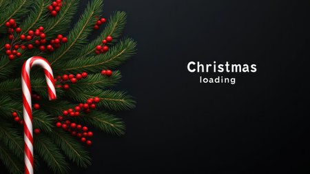 A minimalist design featuring an elegant Christmas tree made from green pine branches and red berries, with the text "Christmas loading" written in white letters on top of it. A candy cane is placed next to it on a black background. The composition creates a festive atmosphere, blending traditional elements with modern aesthetics. --chaos 30 --ar 16:9 --v 6.1 Job ID: 17d419d4-82a1-4d5a-bbe0-de9c195dbe87の素材